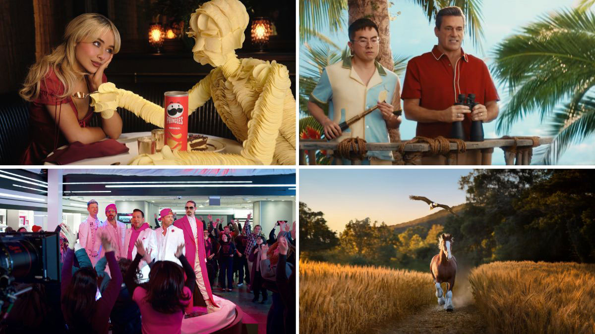 Grid mosaic of circular headshot photos of celebrities and cultural figures who appeared in Super Bowl LX ads and halftime show