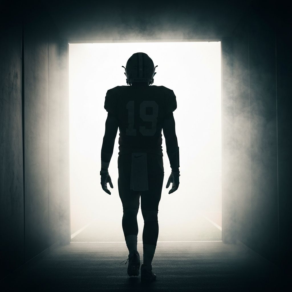 A quarterback silhouette walking through a stadium tunnel, backlit with dramatic fog